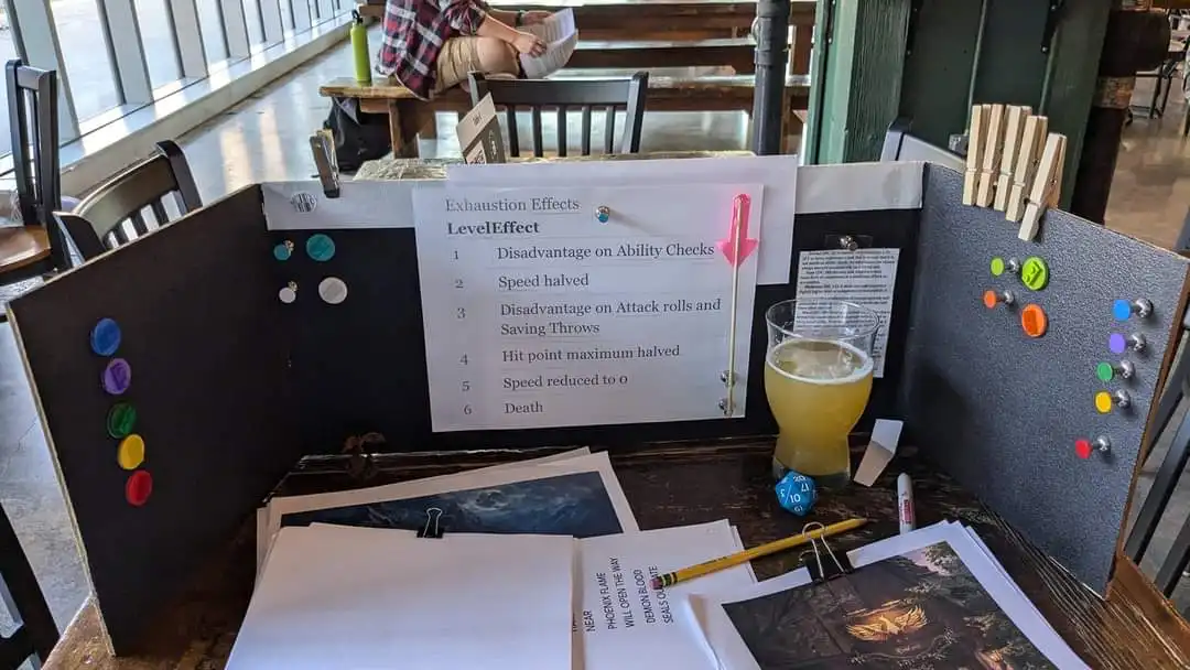A tabletop roleplaying game setup features a printed 'Exhaustion Effects' chart pinned to a makeshift board, listing levels…