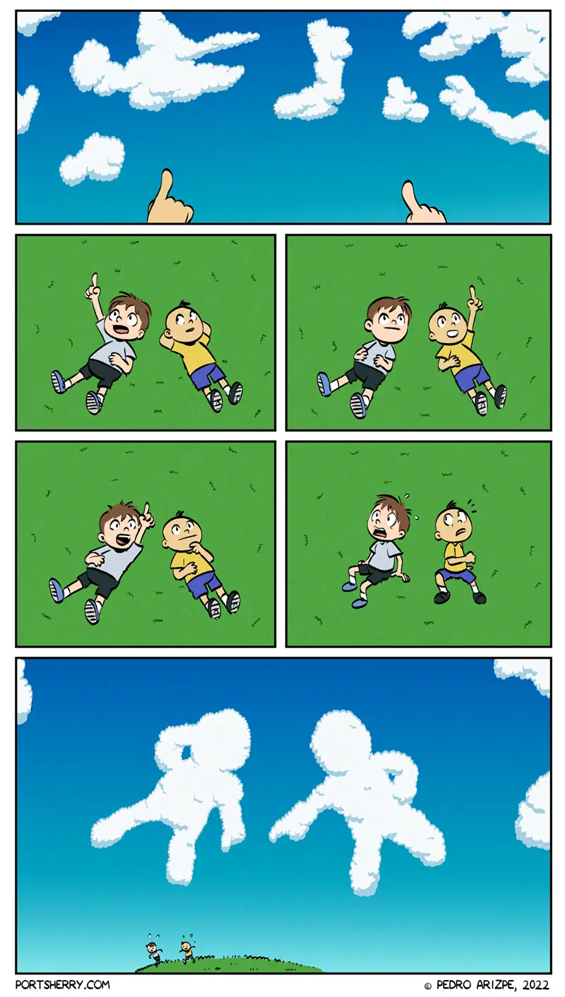 A comic strip shows two boys lying on grass, pointing at clouds and reacting with increasing shock as the clouds morph into…