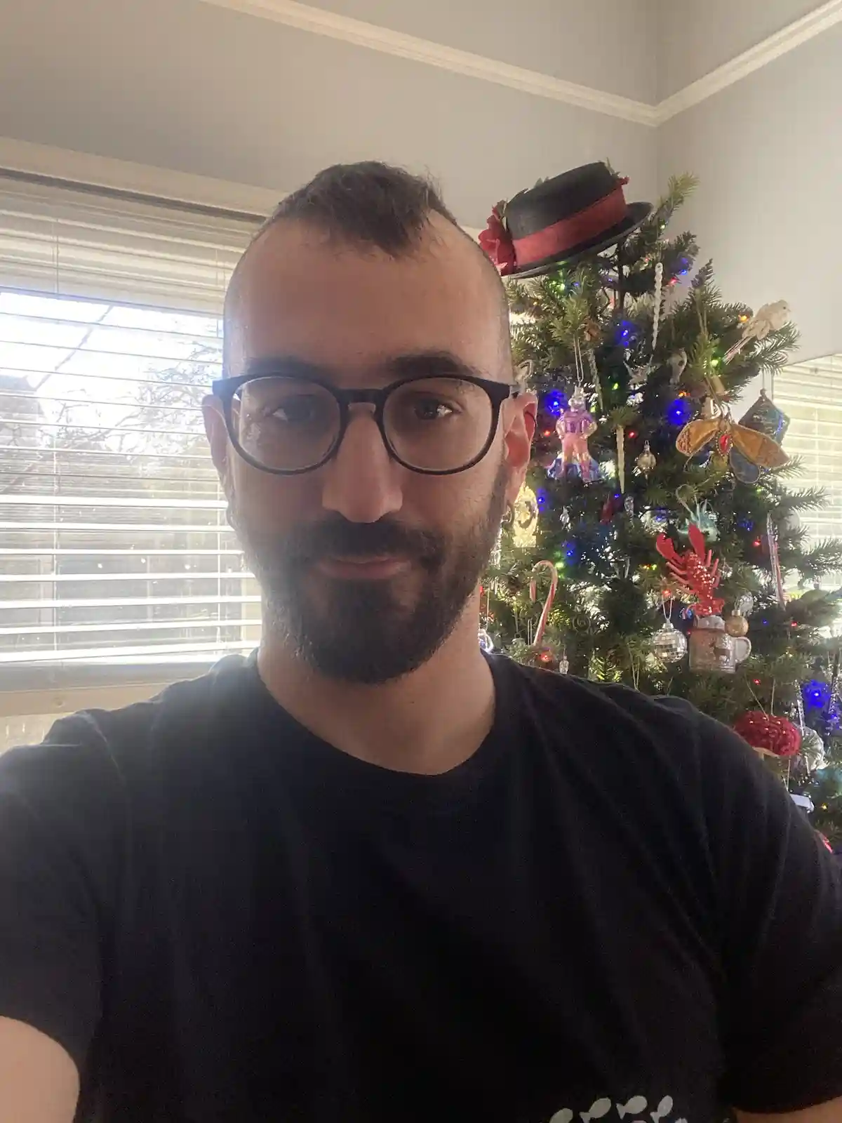 A man with glasses and a beard takes a selfie in front of a decorated christmas tree. A small black top hat with a red…