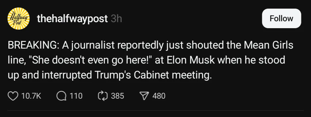 A screenshot of a social media post from 'thehalfwaypost' with a black background and white text. The post reads: 'BREAKING…