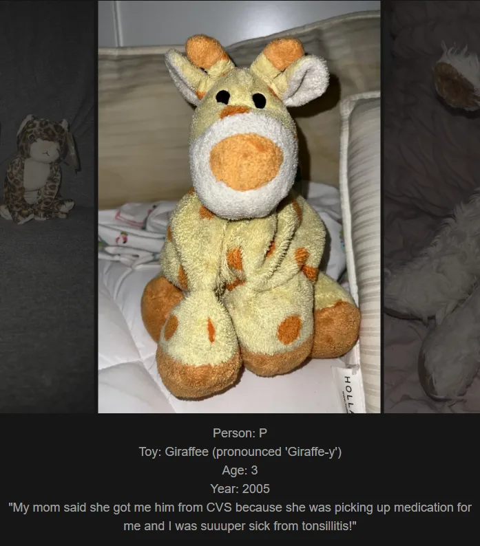 Day 790: Join me on my website to celebrate the bond with our childhood toys! Meet Giraffee, our latest addition!