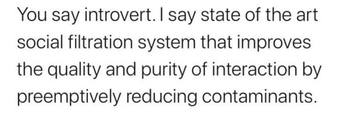 The image is a plain white background with black text that reads: 'You say introvert. I say state of the art social…
