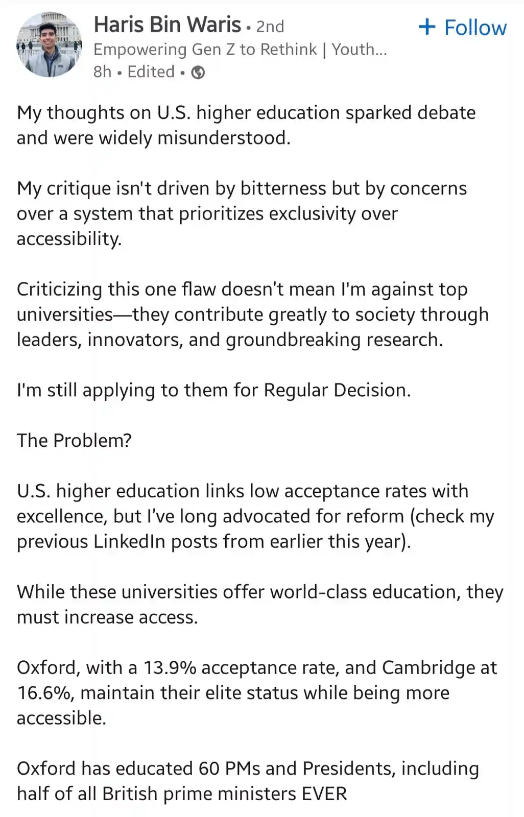A screenshot of a LinkedIn post by Haris Bin Waris, who explains his critique of U.S. higher education's exclusivity while…