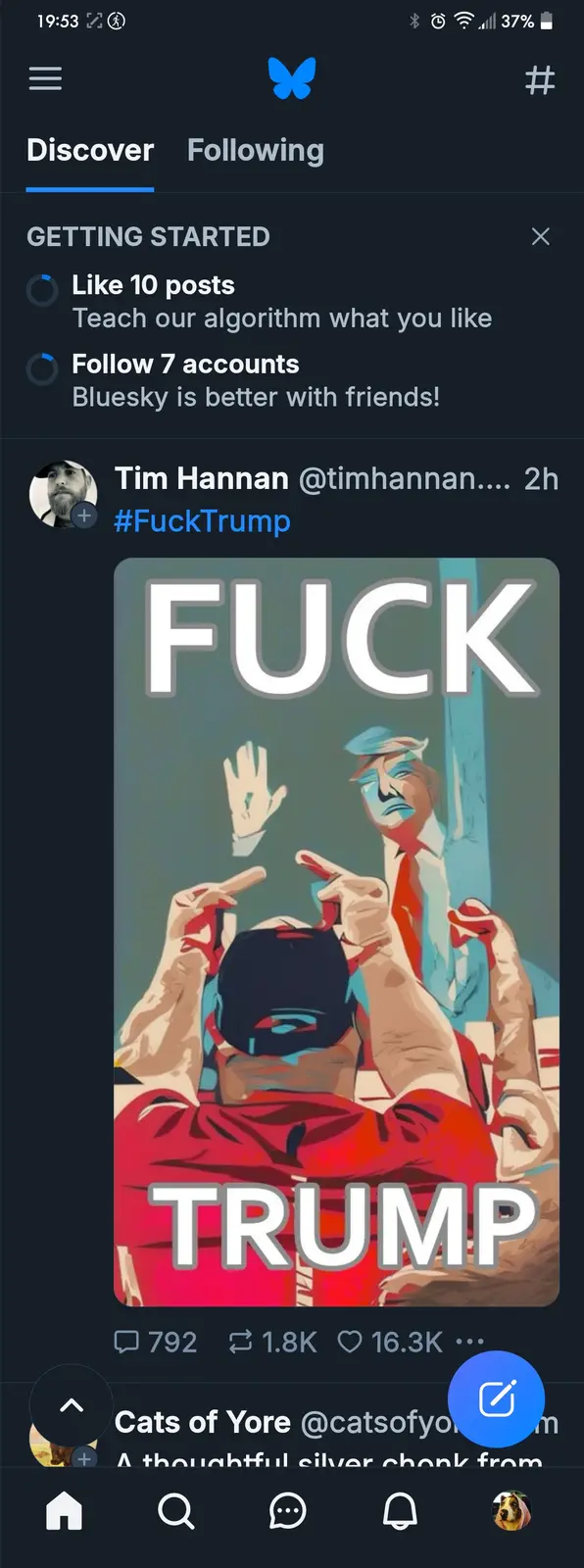 A stylized political cartoon image shows a person in a red shirt and black cap pointing at a caricature of Donald Trump, who…
