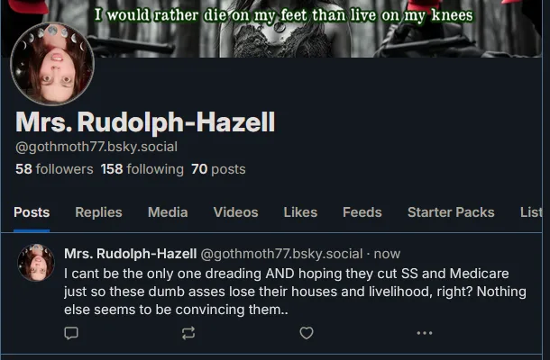 A screenshot of a social media profile for 'Mrs. Rudolph-Hazell' shows a post where she expresses dread and hope that SS and…