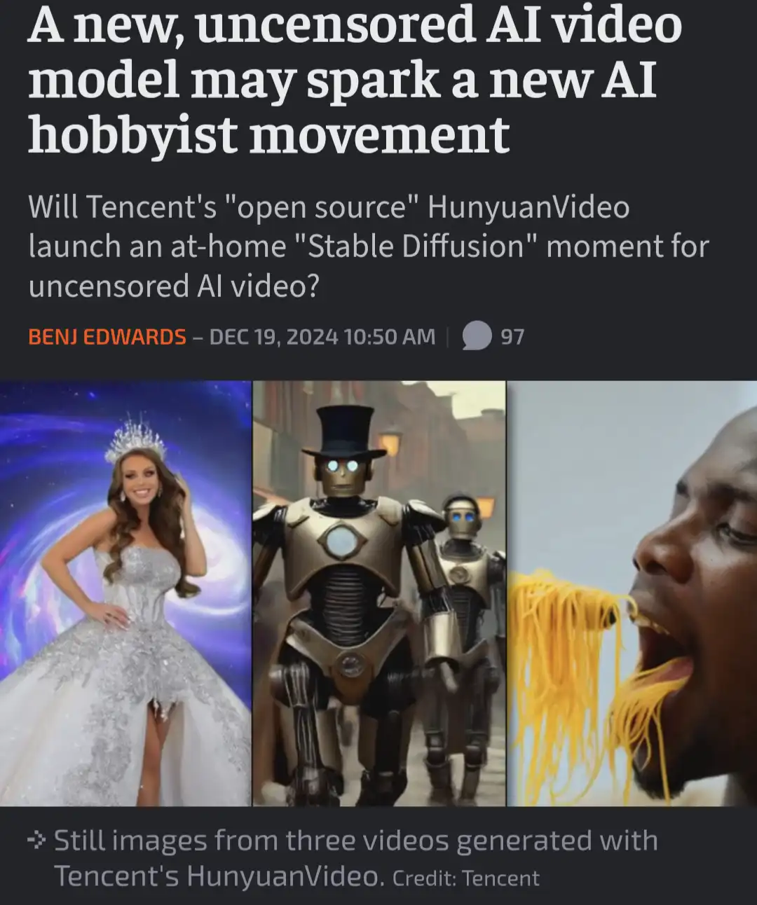 The image displays a news article headline about Tencent's new AI video model, HunyuanVideo, with three example AI-generated…