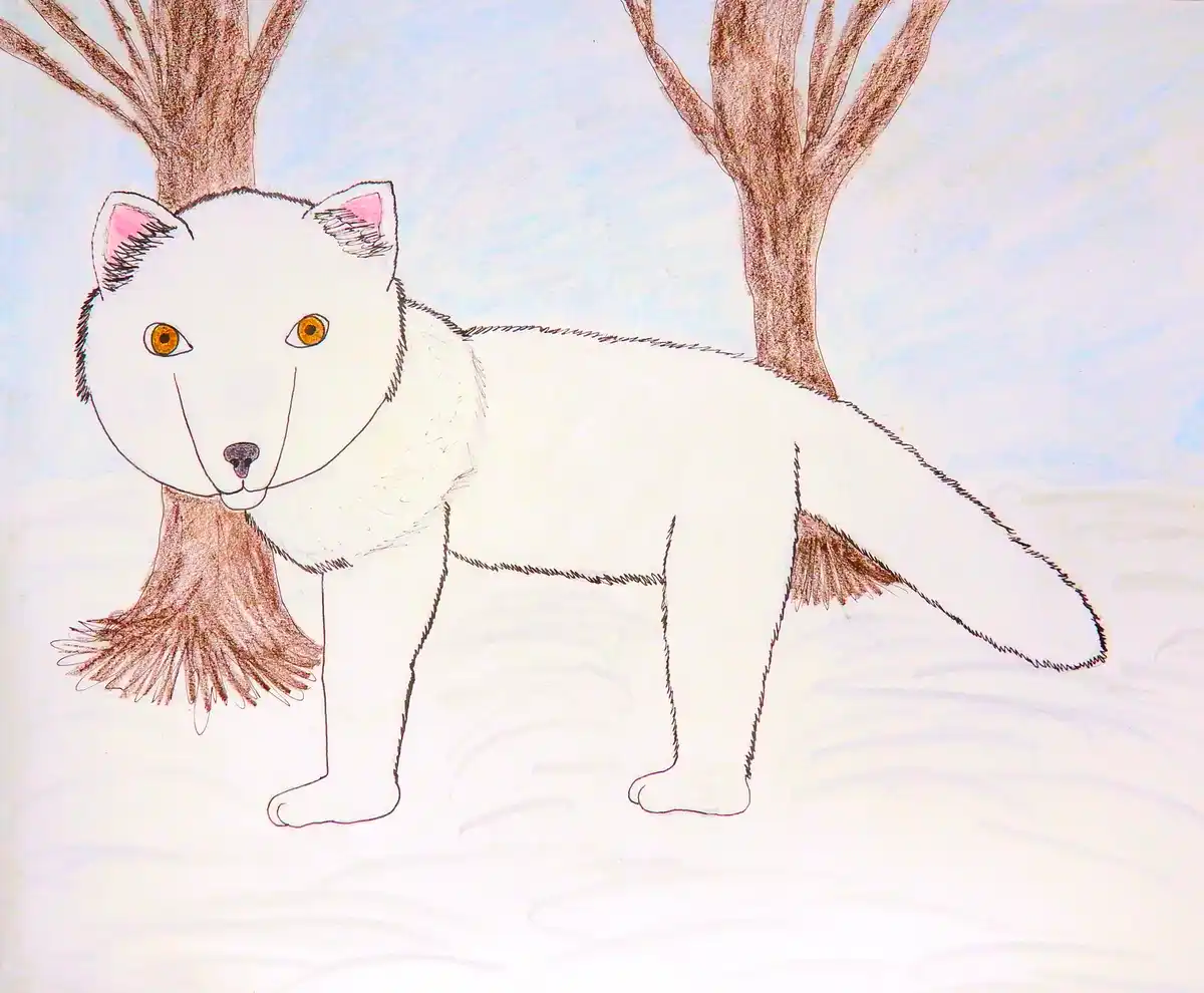 A hand-drawn illustration of a white fox standing in a snowy landscape with bare trees in the background. The fox has pink…