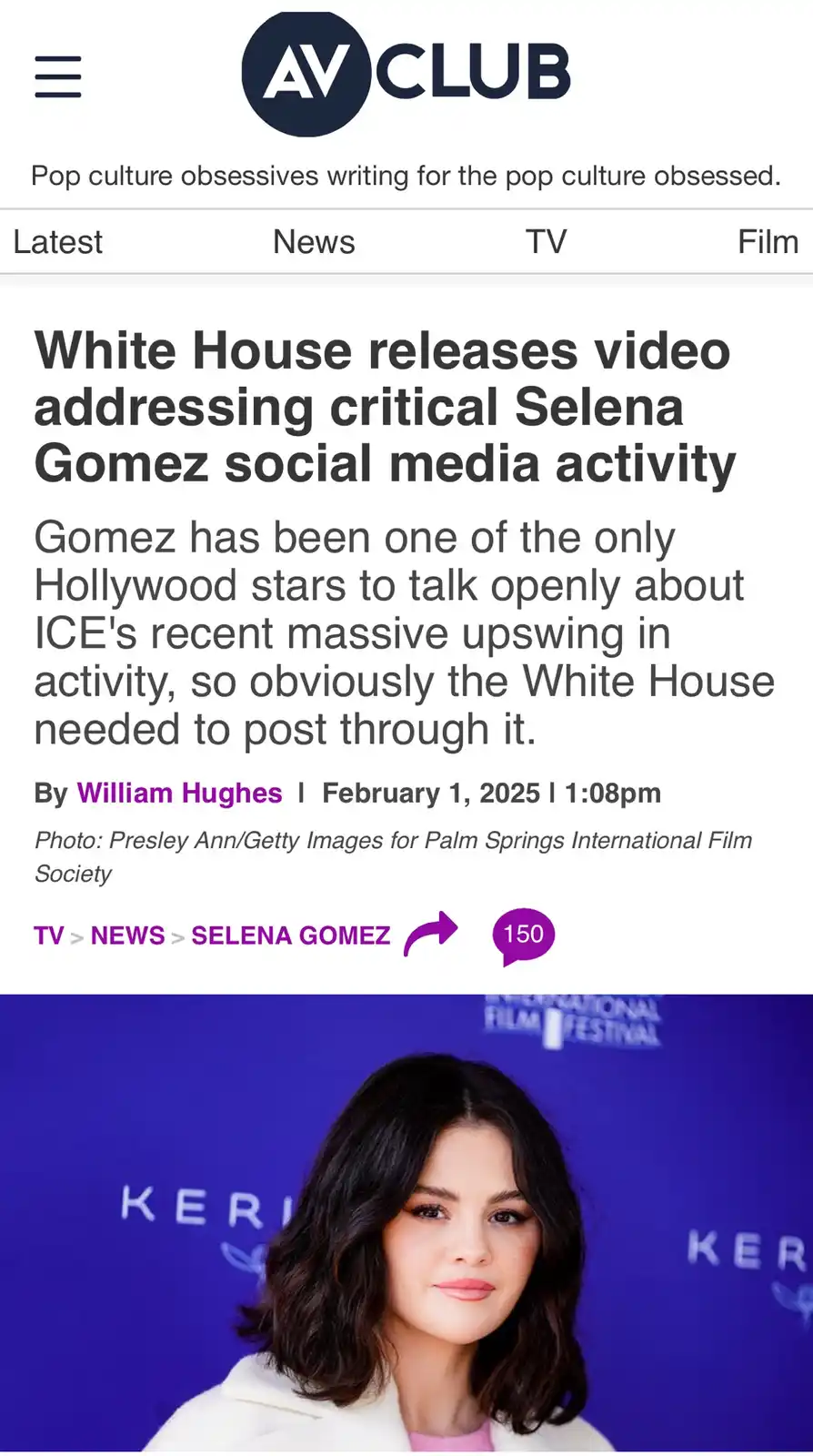 An image of a news article from AV Club with a headline that reads 'White House releases video addressing critical Selena…