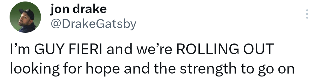 A screenshot of a tweet from user jon drake (@DrakeGatsby) showing a profile picture of a man in a cap. The tweet text…
