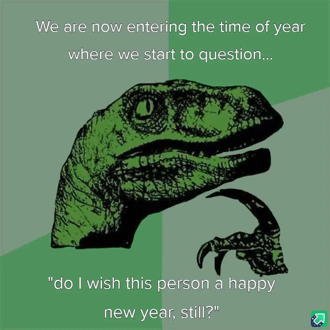The image features the iconic green 'Philosoraptor' dinosaur with a thoughtful expression, its clawed hand resting under its…