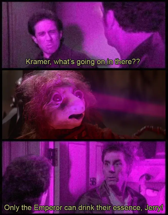 A three-panel meme from the TV show Seinfeld, showing Kramer looking confused, then a creature with a distorted face, then…