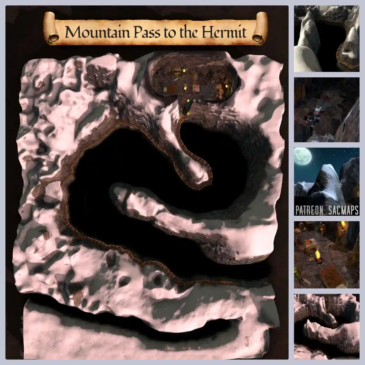 A fantasy map titled 'Mountain Pass to the Hermit' shows a winding wooden path through snowy mountains leading to a small…