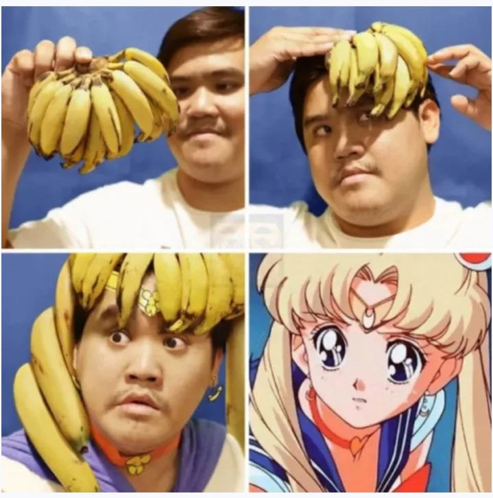 A four-panel image shows a man progressively placing more bananas on his head, culminating in a full banana crown. The final…