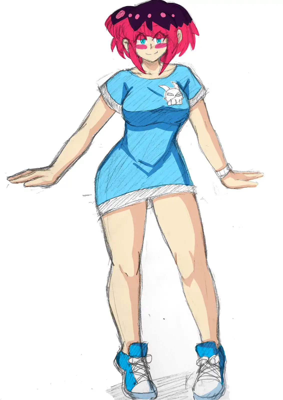 A hand-drawn anime-style female character with short pink hair, blue eyes, and a small dark purple headband with pink dots…
