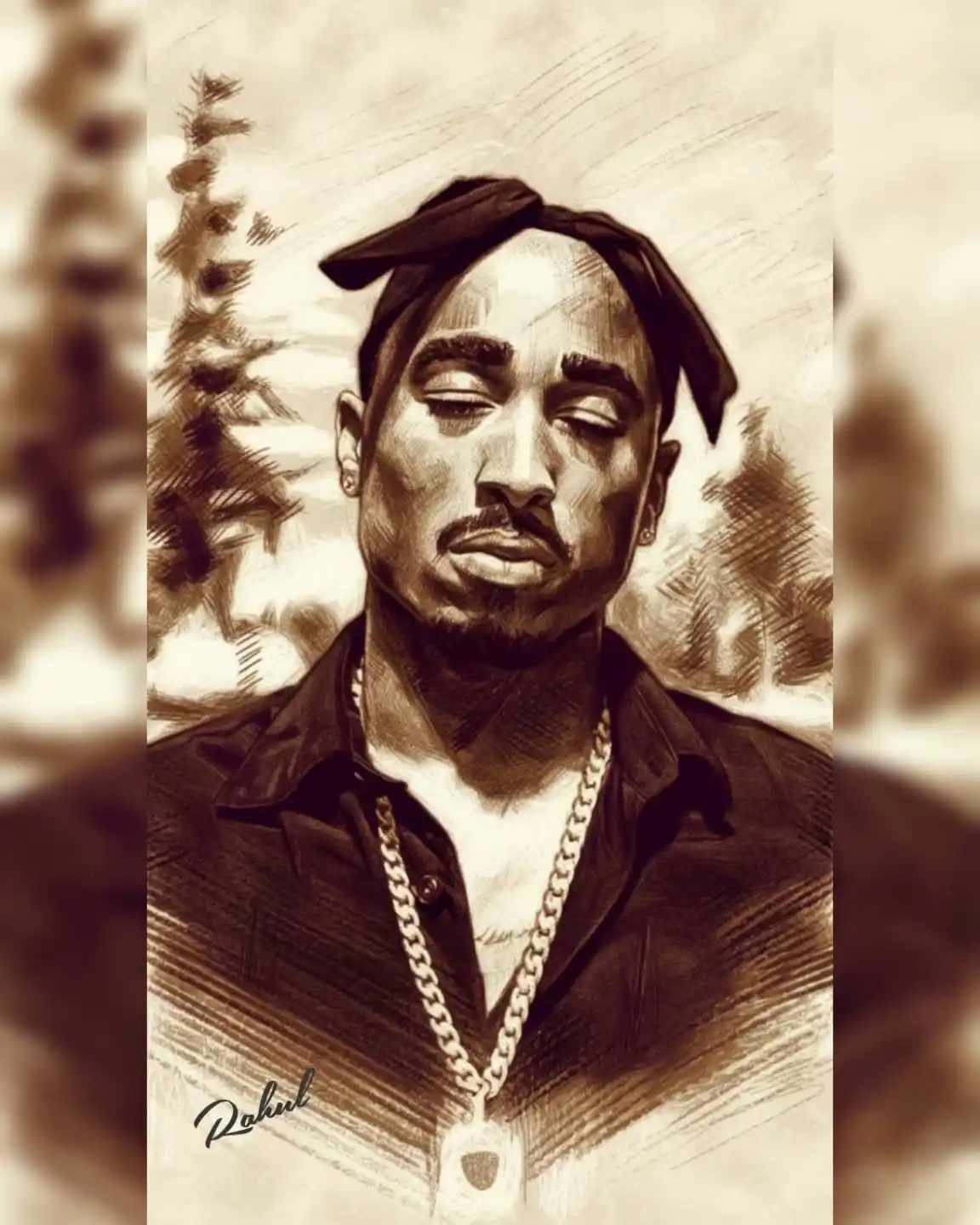 A sepia-toned sketch-style portrait of Tupac Shakur with his eyes closed, wearing a bandana, a collared shirt, and a thick…