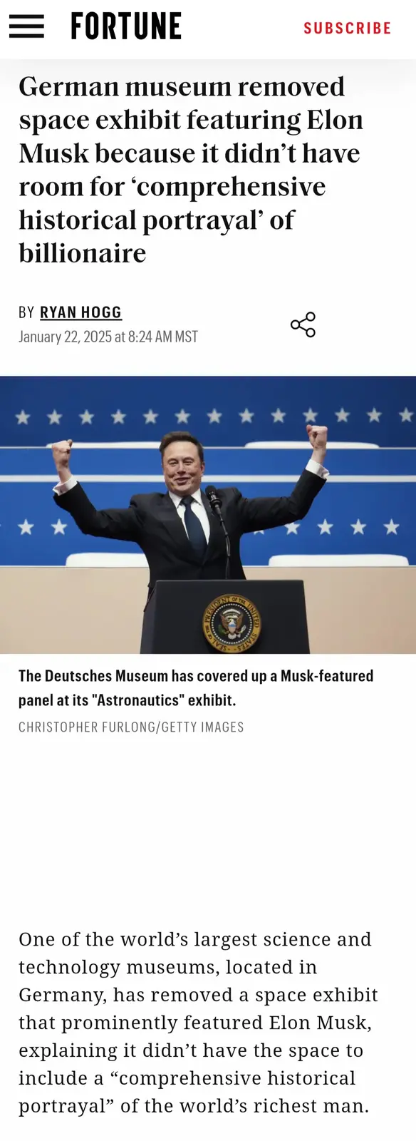 A screenshot of a Fortune article shows a photo of Elon Musk in a suit standing at a podium with the Seal of the President…