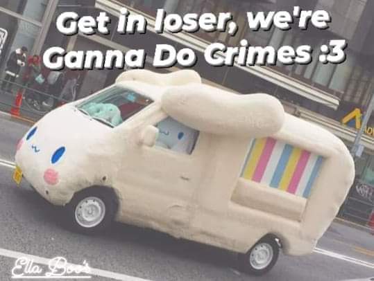 A beige van is covered in a giant, fluffy, cream-colored costume resembling a cartoon character with large blue eyes, pink…