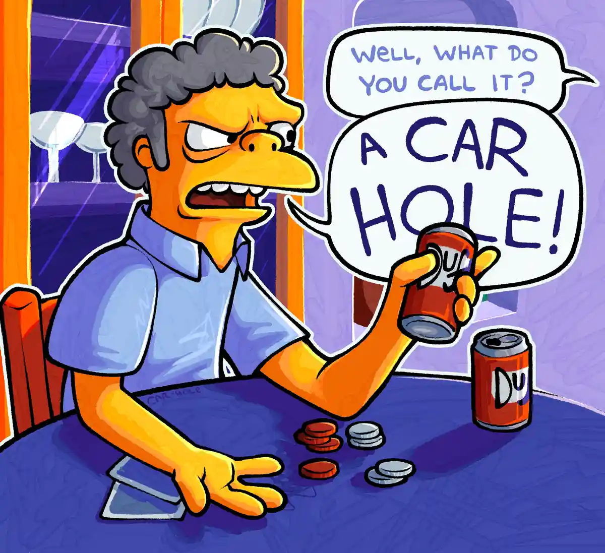 A cartoon man with gray hair and an angry expression sits at a table, holding a soda can and shouting. Two speech bubbles…