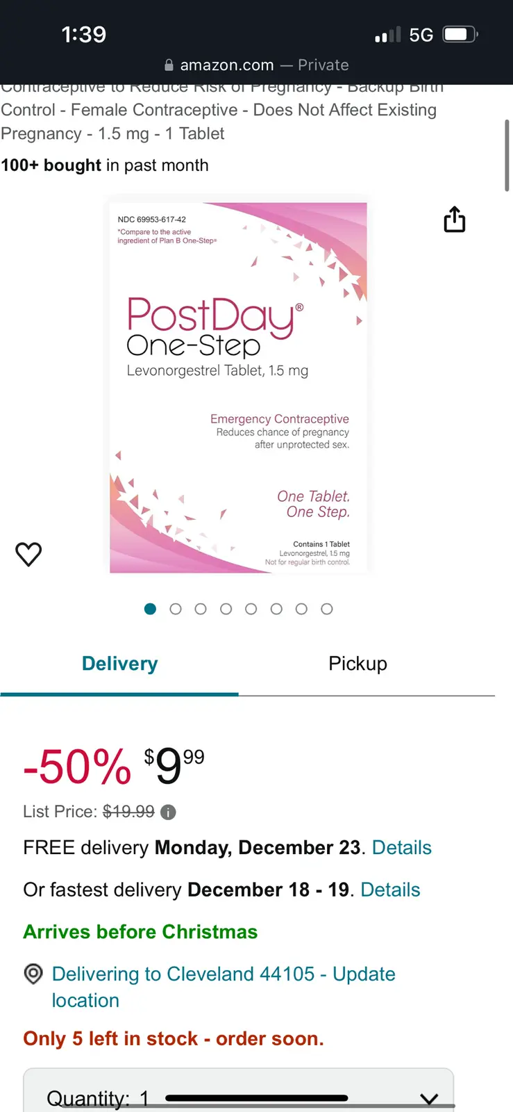 An amazon.com product page for 'PostDay One-Step' emergency contraceptive, showing its packaging, a 50% discount price of…