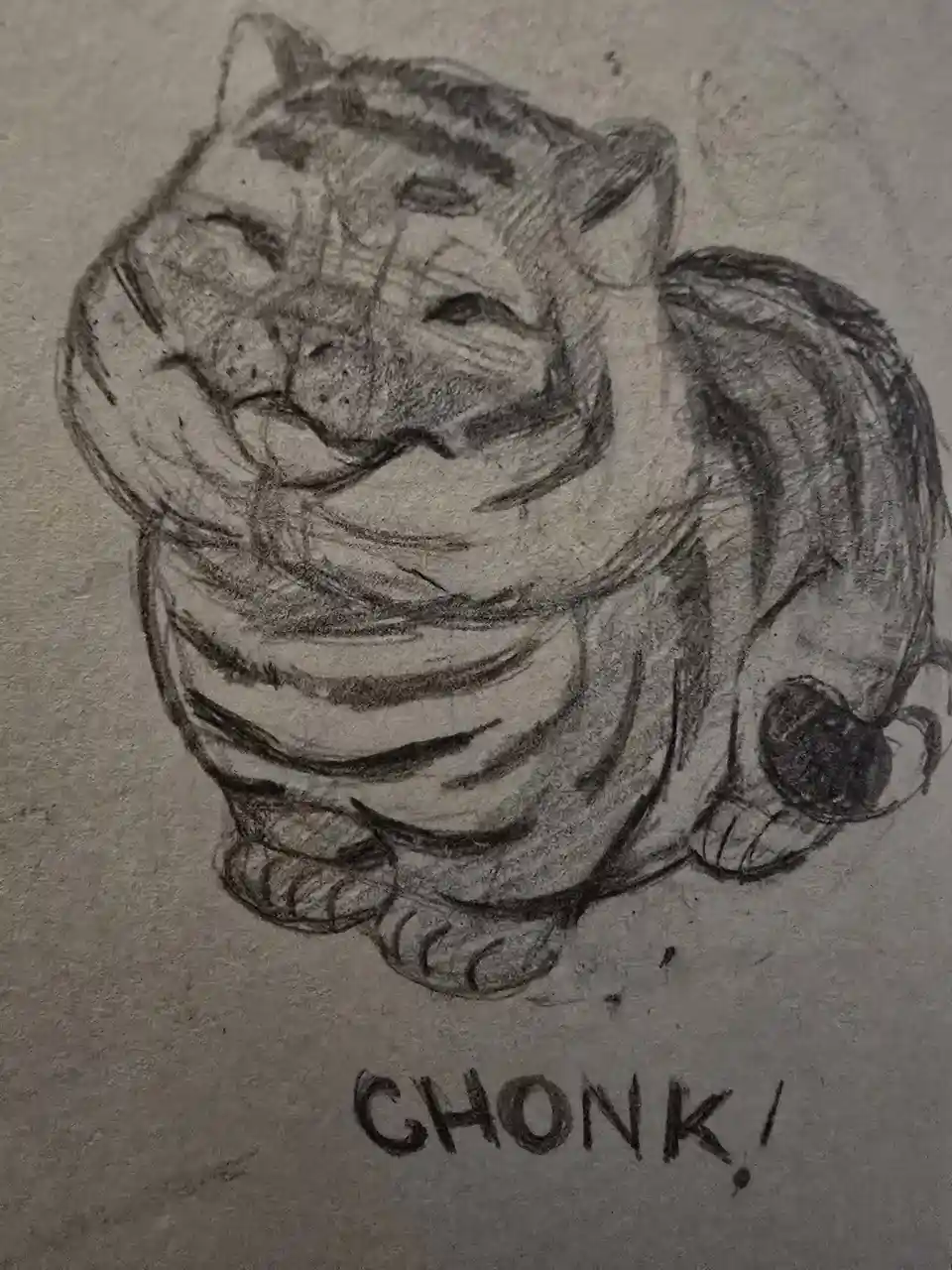 A hand-drawn pencil sketch of a chubby, cartoonish tiger with a round belly, closed eyes, and a content expression, drawn on…
