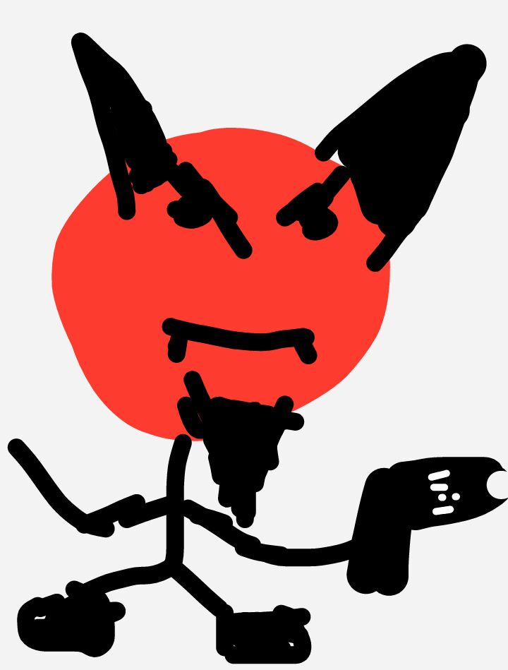 A crudely drawn cartoon devil with a red circular head, black horns, a mustache, and a tail, holding a gun. The overlaid…
