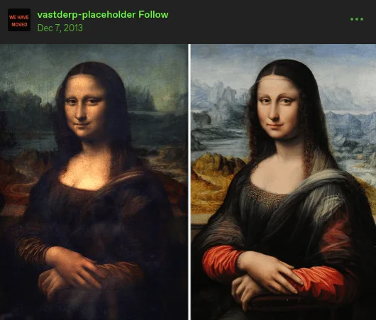 The image displays two side-by-side portraits of the Mona Lisa, with the left version showing her in a dark, muted dress and…
