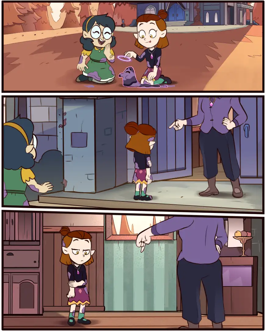 Three-panel comic strip from 'The Owl House' showing a girl with brown hair and pointed ears being scolded by an adult woman…