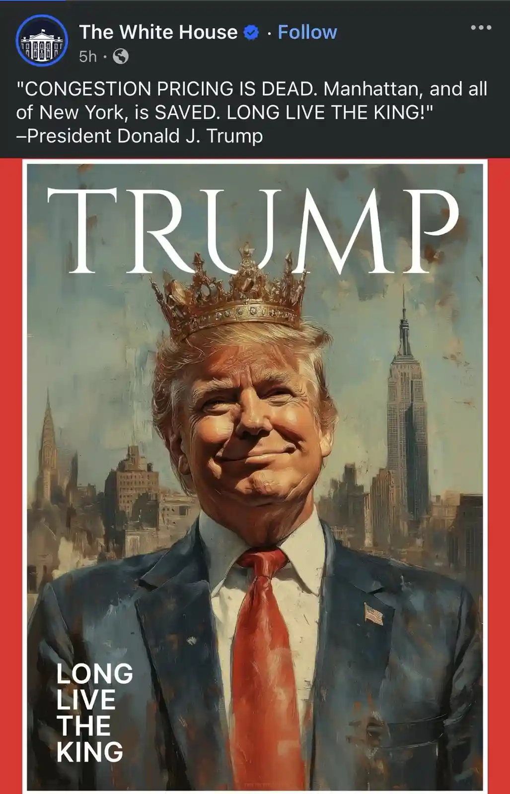 An illustrated image shows Donald Trump wearing a golden crown, smiling, against a backdrop of New York City skyscrapers…