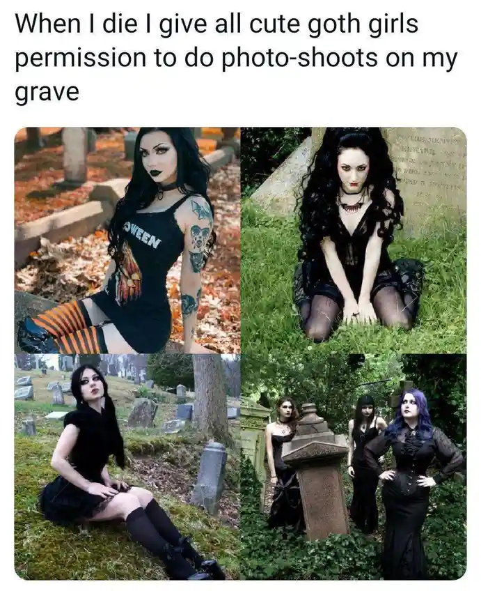 A four-panel collage shows four different goth women posing in various cemetery settings, each near or on tombstones. The…