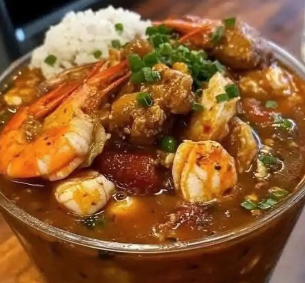 a close-up photo of a glass bowl filled with a rich, brown stew containing large cooked shrimp, chunks of meat, rice, and…