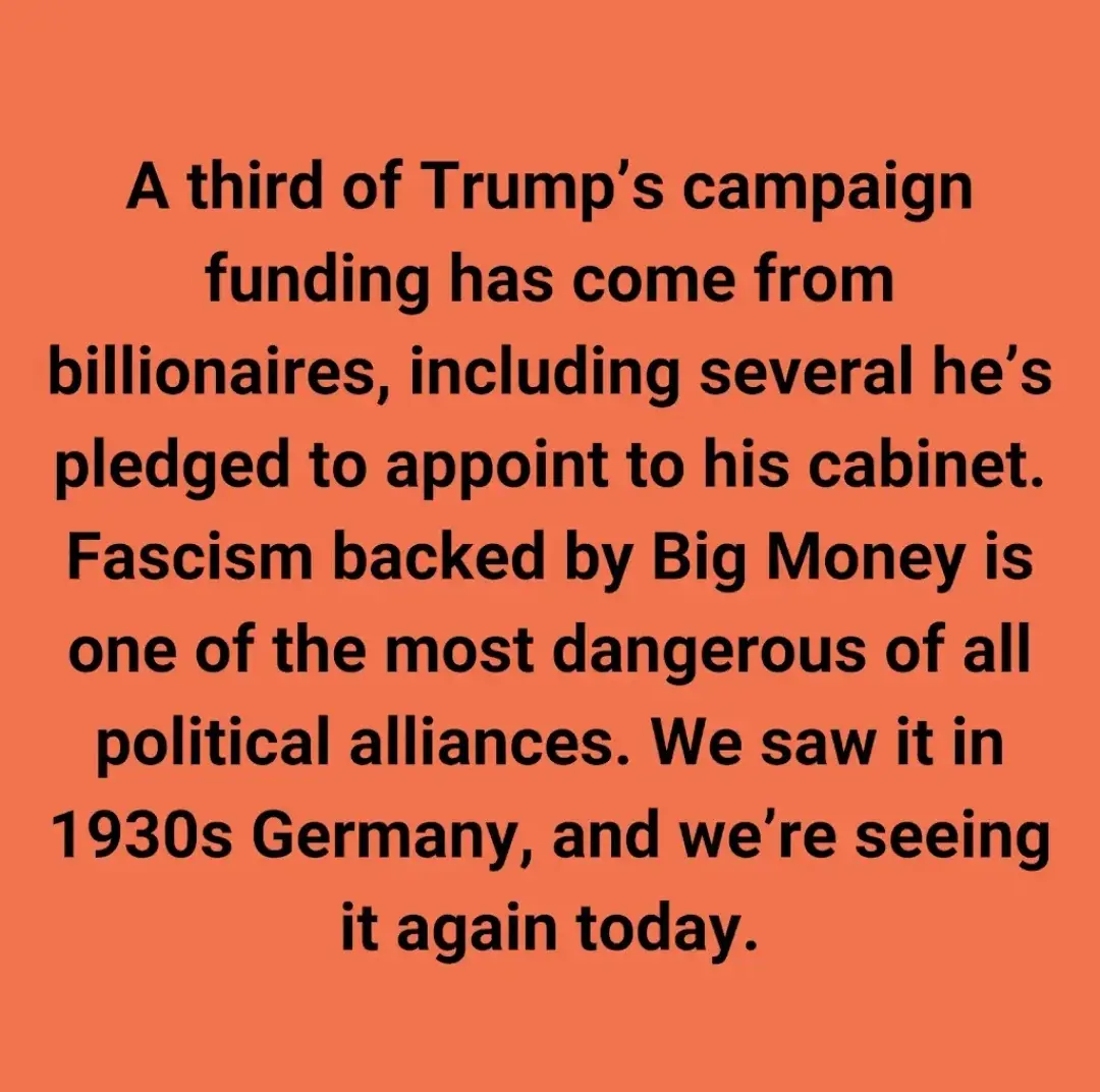 The image displays black text on a solid orange background. The text states that a third of Trump's campaign funding came…