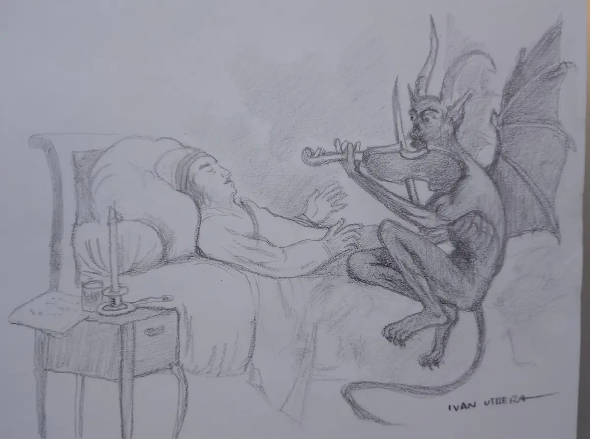 A pencil sketch shows a horned, winged devil sitting on a bed and playing a violin for a sleeping man. The man lies on his…
