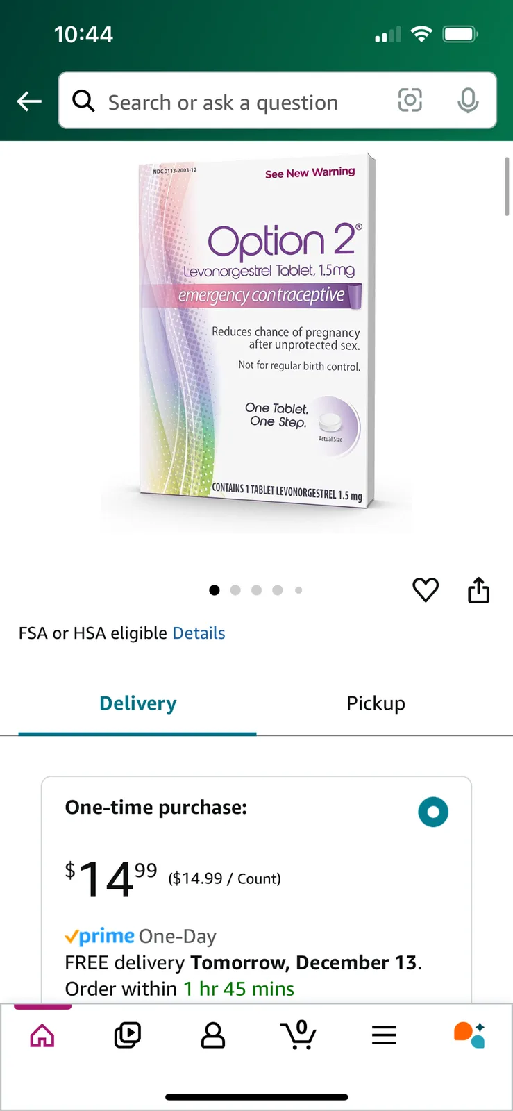 A screenshot of an Amazon product page for 'Option 2' emergency contraceptive, showing the box image, price ($14.99), and…