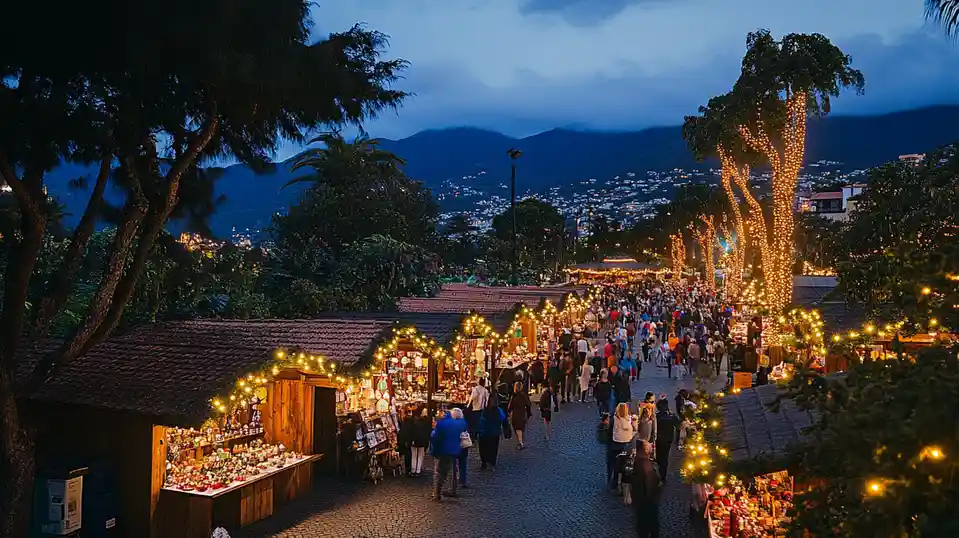 A bustling outdoor market at dusk, with rows of wooden stalls adorned with string lights, crowded with people walking along…