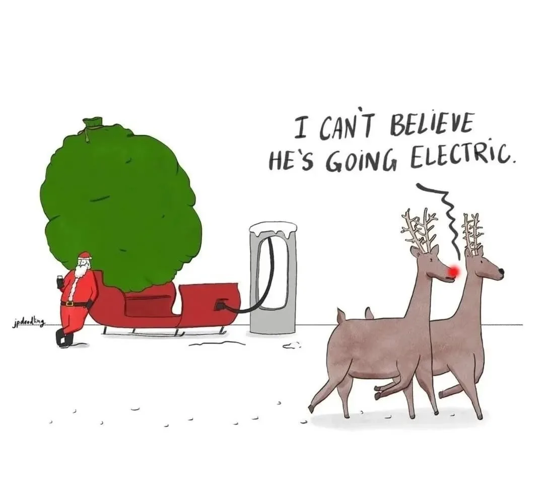 A cartoon depicts Santa Claus in his red suit plugging his sleigh into a charging station while carrying a large green…