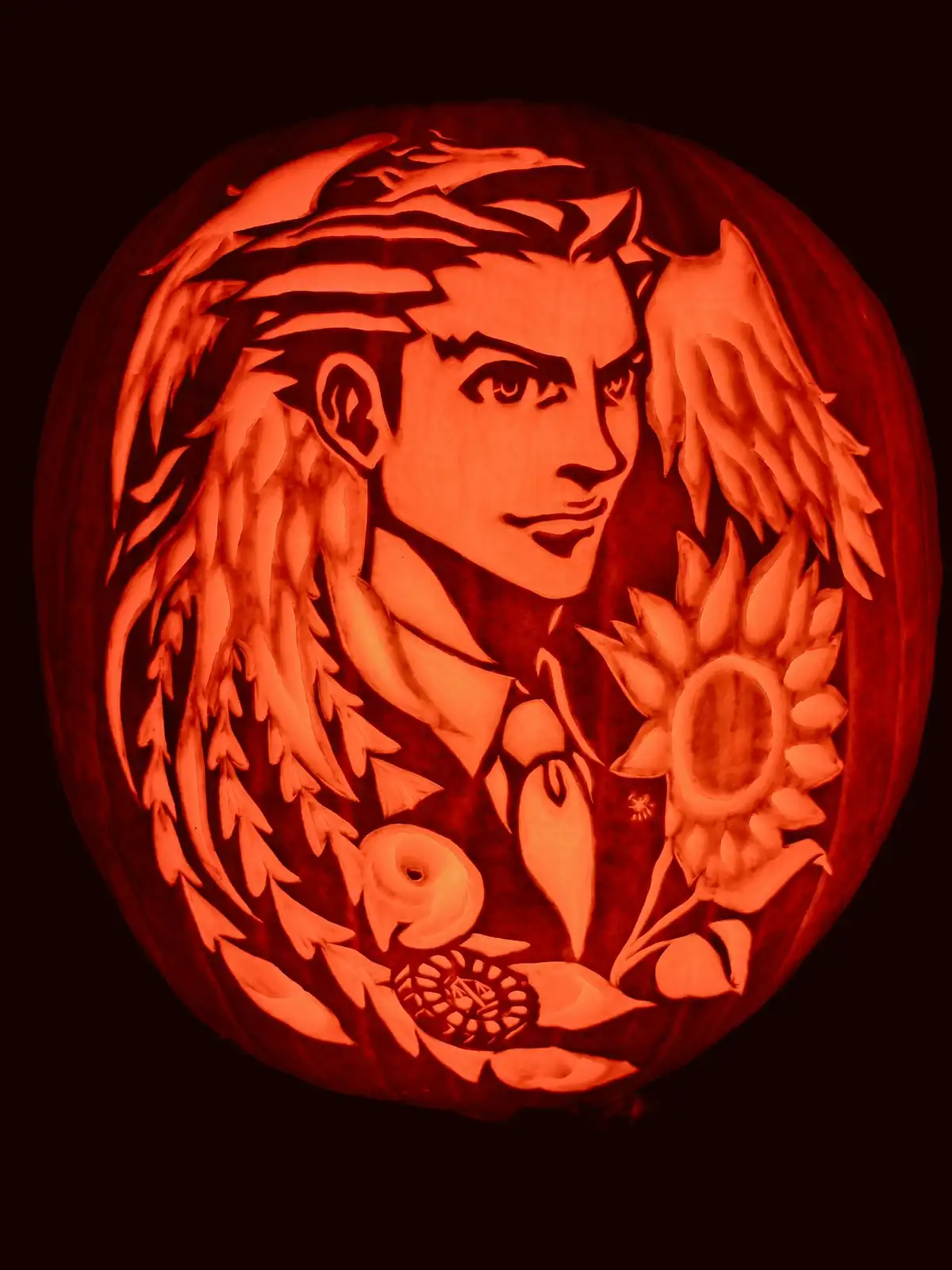 A intricately carved pumpkin illuminated from within, depicting a stylized anime character with long hair, a suit, and a…