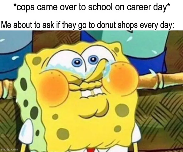 The image shows the cartoon character SpongeBob SquarePants with a wide, nervous grin, tears streaming from his eyes, and…