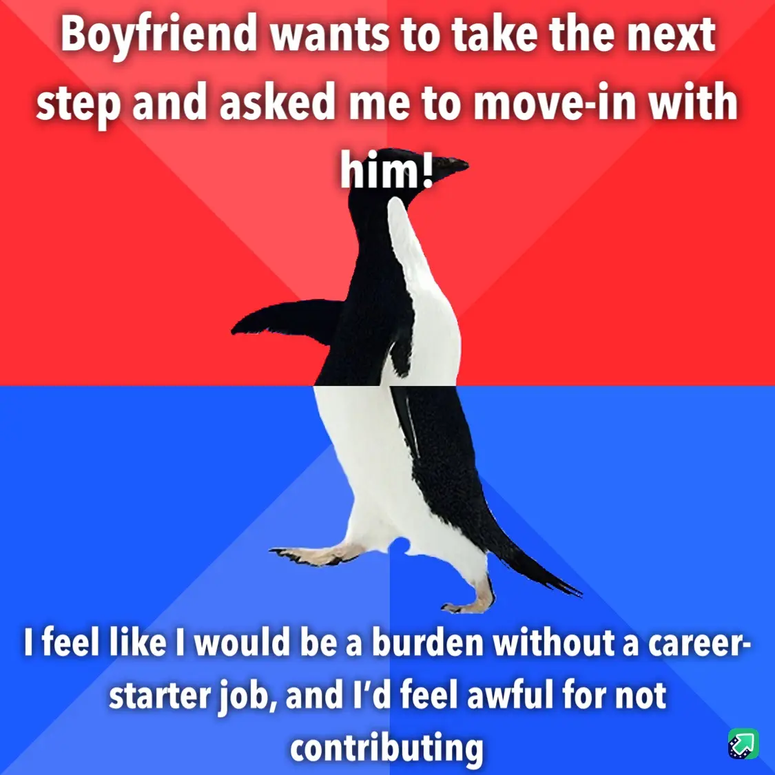 A penguin stands upright against a red and blue background, split horizontally. The top half has white text reading…