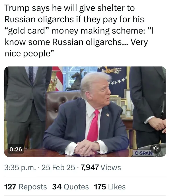 A screenshot from a C-SPAN video shows Donald Trump seated at a desk in an office, wearing a dark suit and red tie, looking…