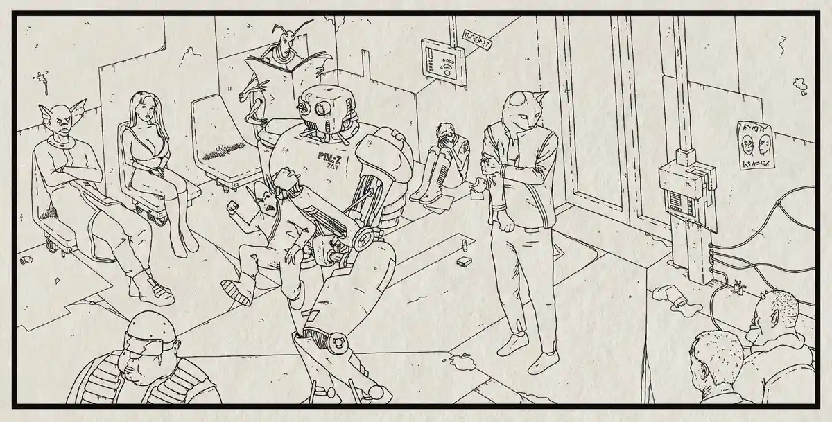 A black-and-white line drawing depicts a crowded, dilapidated waiting room filled with various humanoid figures, including a…