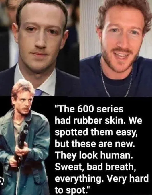 The image is a three-panel meme. Top left shows Mark Zuckerberg in a formal suit. Top right shows him in a casual t-shirt…