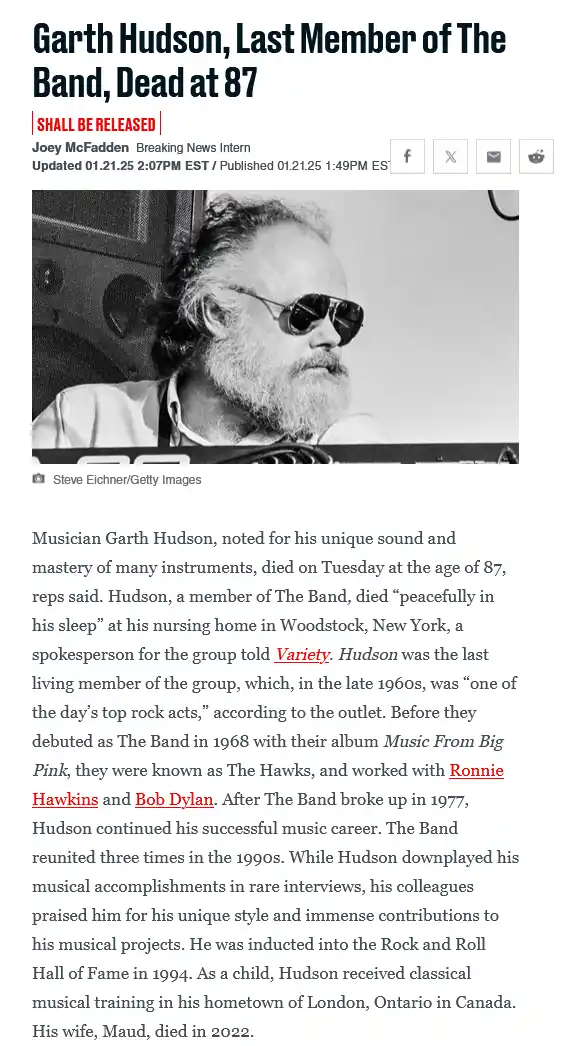 A black and white news article screenshot about musician Garth Hudson's death, featuring a photo of him wearing sunglasses…