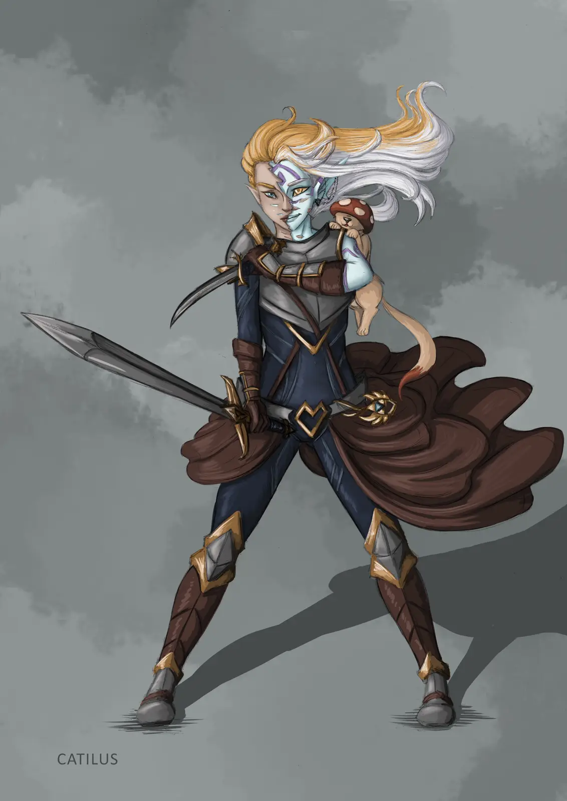 An elf-like warrior with half-blue, half-human face, wielding a sword and dagger, has a small mushroom-headed creature…