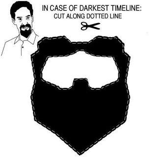 A black-and-white image shows a man with a beard on the top left, next to text that reads 'IN CASE OF DARKEST TIMELINE: CUT…