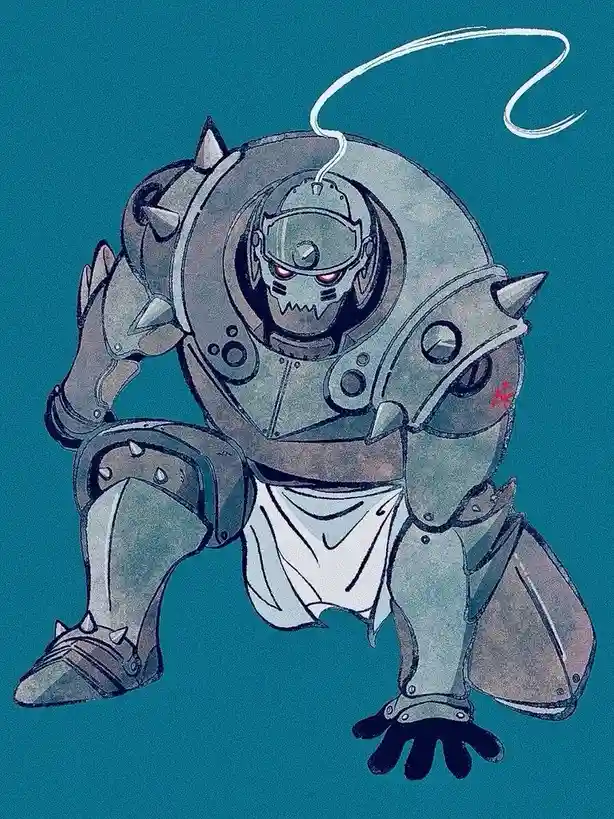 An illustration of a menacing, heavily armored robot with glowing red eyes, crouching on a teal background. The robot has a…