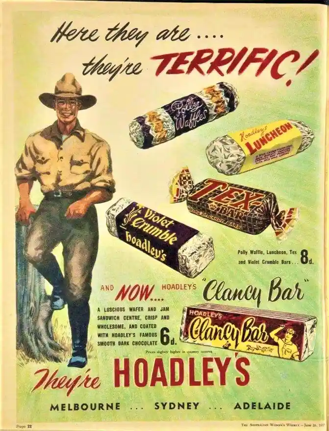 A vintage 1937 Australian candy advertisement featuring a smiling cowboy leaning against a tree, promoting Hoadley's…