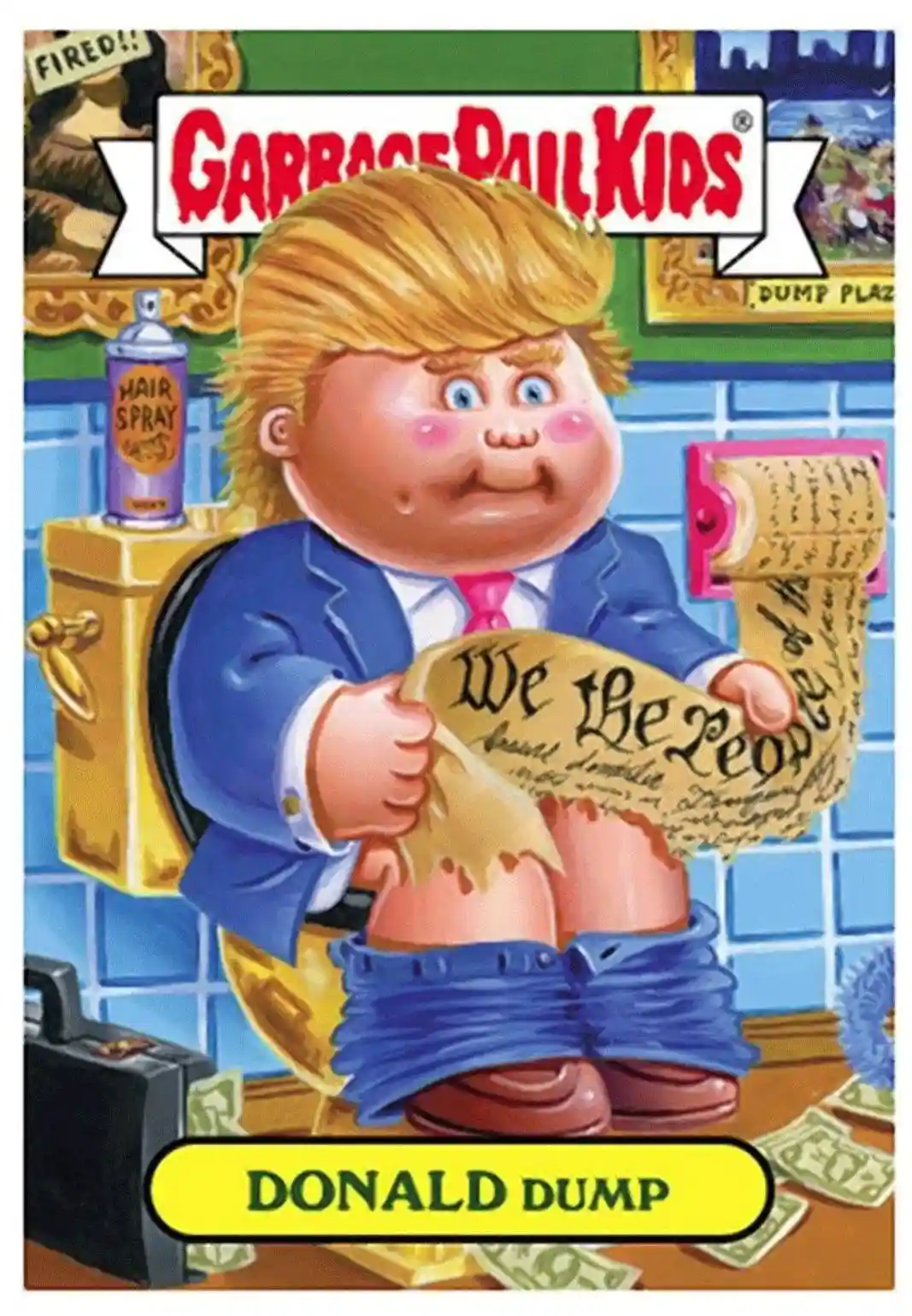 A cartoon character resembling Donald Trump with blonde hair, wearing a blue suit and pink tie, sits on a golden toilet…