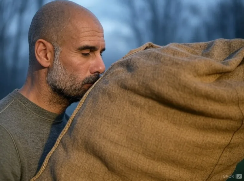 A close-up image of a bald man with a graying beard wearing a gray shirt, looking down and resting his cheek on a large…