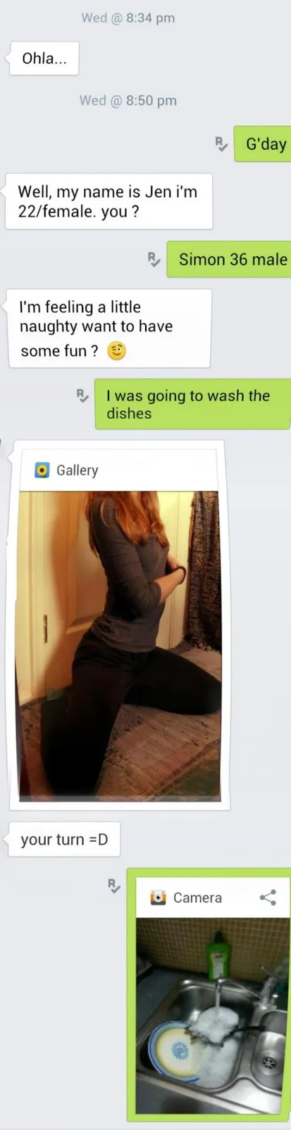 A screenshot of a text conversation shows a woman named Jen asking a man named Simon if he wants to have fun, then sending a…