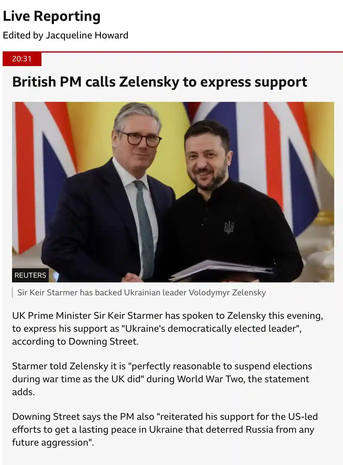 A screenshot of a Reuters news article shows UK Prime Minister Sir Keir Starmer and Ukrainian President Volodymyr Zelensky…